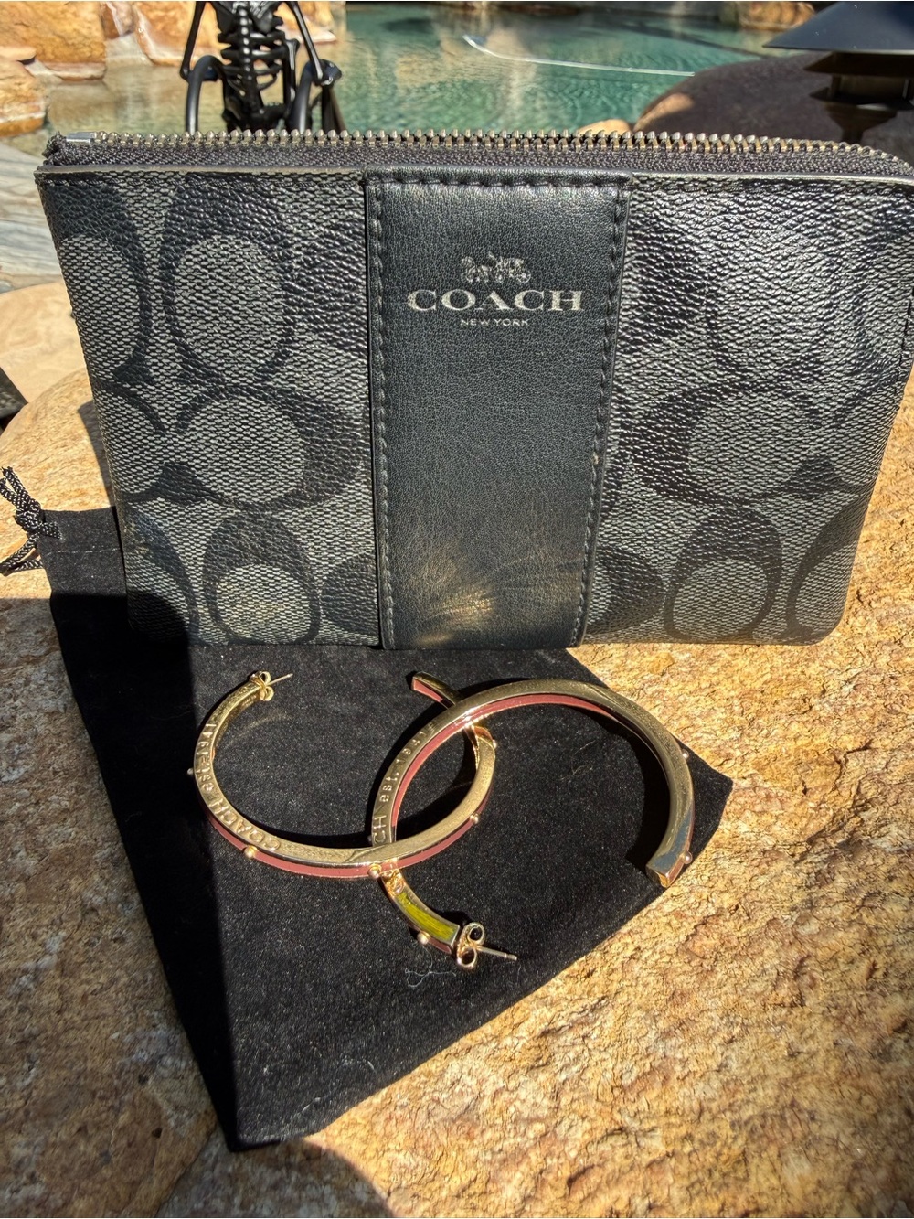 Authentic COACH Black Signature Canvas wristlet w/runway 1947 new hoop earrings